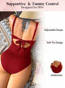Swim DD+ Women's Solid Color Ribbed Camisole One-Piece Swimsuit, Suitable For Vacation For Summer - Red - View 8