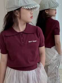 Dazy Kids Tween Girl Turndown Collar Letter Embroidered Short Sleeve Sweater, Spring/Summer - Burgundy - View 3
