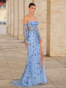 Glamrae 优雅浅蓝色迷人亮片 3D 花卉露肩腰部网眼透视可拆卸长袖侧高开叉鱼尾下摆礼服，正式晚礼服，派对礼服，婚礼宾客礼服 - 淺藍色 - 查看 5