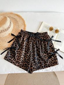Tween Girl Casual Chiffon Leopard Print Bow Shorts, Fashion & Versatile, Spring/Summer - Brown - View 1