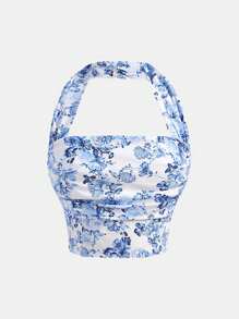 Girlism 少女蓝白编织露背吊带优雅印花上衣长裙两件套，适合春夏季节、节日庆典、度假旅行。