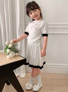 DAZY Young Girl Bow Decor Contrast Color Short Sleeve Knit Sweater And Pleated Knitted Skirt 2 Pieces Set,Girls Summer Outfits - White - View 7
