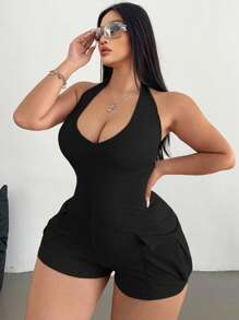 POPSWAY Plus Size Women's Halter Neck Knit U-Neck Jumpsuit With Multiple Pockets - Black - View 6