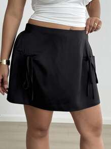 Flirla Plus Size Women's A-Line Skirt, Black Bowknot Decor Summer Skirt - Black - View 3