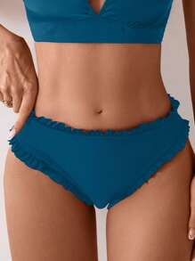 SHEIN Swim Women's Plain Color Ruffle Edge Sexy Bikini Bottom - Teal Blue - View 3