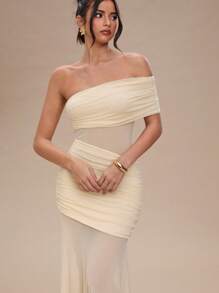 SHEIN BAE Vestito lungo con spalle scoperte, plissettato, in organza color albicocca, sexy e trasparente per donne, adatto per party, cerimonie, vacanze