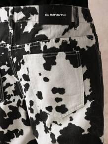 SUMWON High-Fashion Straight Leg Monochrome Cow Print Statement Pants, Animal Pattern Trousers With Side Pockets, Urban Streetwear Bottoms For Fall Winter - Black and White - View 8