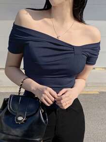 DAZY Women's Asymmetrical Bow Off Shoulder Casual Short Sleeve T-Shirt, Sexy & Minimalist Chic Summer Top