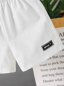 SHEIN 2 Pieces Set Young Boys Casual Sports College Artistic Style Retro Black And White Striped Round Neck T-Shirt And White Shorts Suit With Shawl Decoration Suitable For Young Boy Clothing Young Boy Clothes Back To School Boy Suit Suitable For Birthday Parties, Evening Parties, Performances, Weddings, Baptisms, Opening Ceremonies, Daily Suitable For School Suitable For Travel Suitable For Vacation Suitable For Spring And Summer - Black and White - View 5