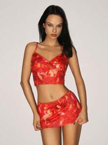 SHEIN ICON Set di canotta senza maniche con scollo a V e gonna aderente corti con stampa retrò, stile vacanziero, per l'estate