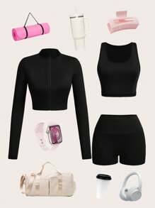Slaydiva Set de 3 piezas: Top de manga larga ajustado con cremallera media, top corto sin mangas y shorts deportivos casuales de verano para mujer