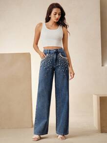 Anewsta 女士休闲节日假期优雅缀饰宽松阔腿牛仔裤