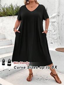 SHEIN CURVE+ Plus Size V-Neck Side Slit Short Sleeve Maxi Knit Dress, Stretchy & Comfy