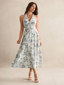 SHEIN Tall 女士花卉印花露背中长休闲连衣裙，度假风格