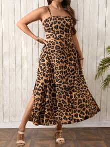 Breezaya Plus Size Women's Leopard Print Spaghetti Strap Hollow-Out Waist Slit Dress, Vacation Beach Outfit