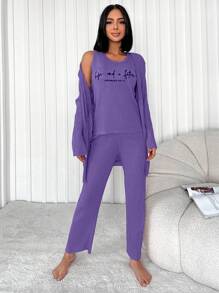 RueChic Slogan Graphic Tank Top & Belted Coat & Pants Lounge Set - Purple - View 4