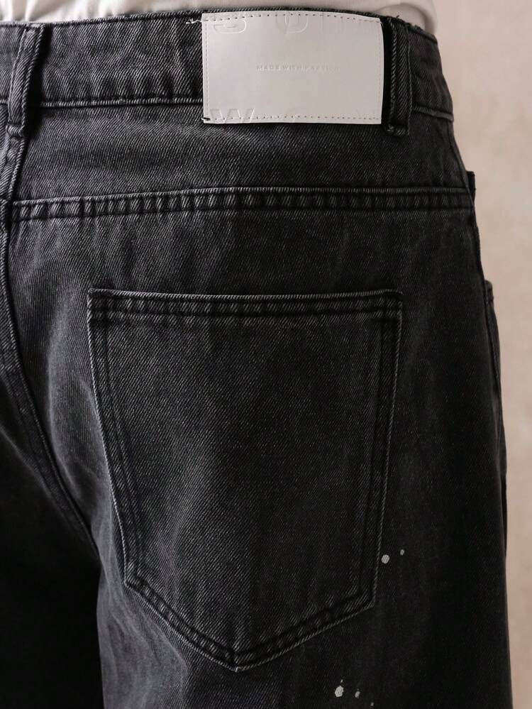 Contrast Panel Denim Shorts With Paint Splatter