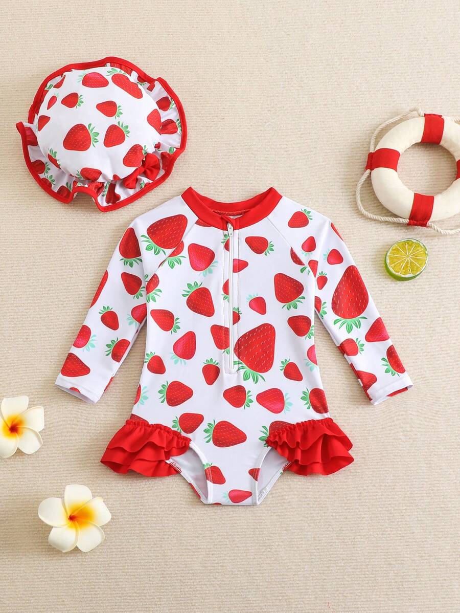 SHEIN GraphicGems 1pc Baby Girl Strawberry Print One-Piece Swimsuit With Hat