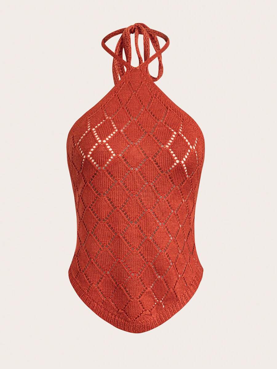 Olithes 2025 新款欧式简约性感镂空性感吊带系带女式针织上衣 - 橘色 - 查看 1