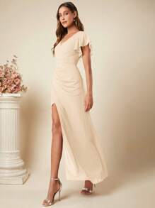 SHEIN Belle Elegant Solid Color Wrap-Around High Slit Long Bridesmaid Dress - Apricot - View 6