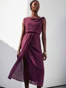 Aveloria Modichic Elegant Spring Vacation Scoop Neck Textured Fabric Asymmetrical Shoulder High-Split Waist Dress For Women - Purple - View 6