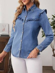 EMERY ROSE Women's Casual Long Sleeve Denim Top With Ruffle Detail And High Neck - Blue - View 4