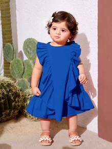 SHEIN Summer Cute Orange Ruffle Trim Vacation Dress For Baby Girl - Blue - View 4