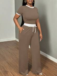 SHEIN SXY 2pcs/Set Women Contrast Color Cropped Short Sleeve T-Shirt And Pants Set,Summer Sets - Coffee Brown - View 8