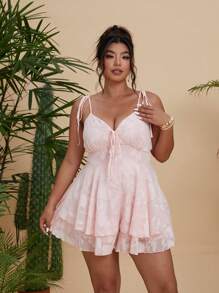 Flirla Plus Size Romantic Transformation Square Collar Camisole High Waist Double Ruffle Cutout Chiffon Jumpsuit - Pink - View 6