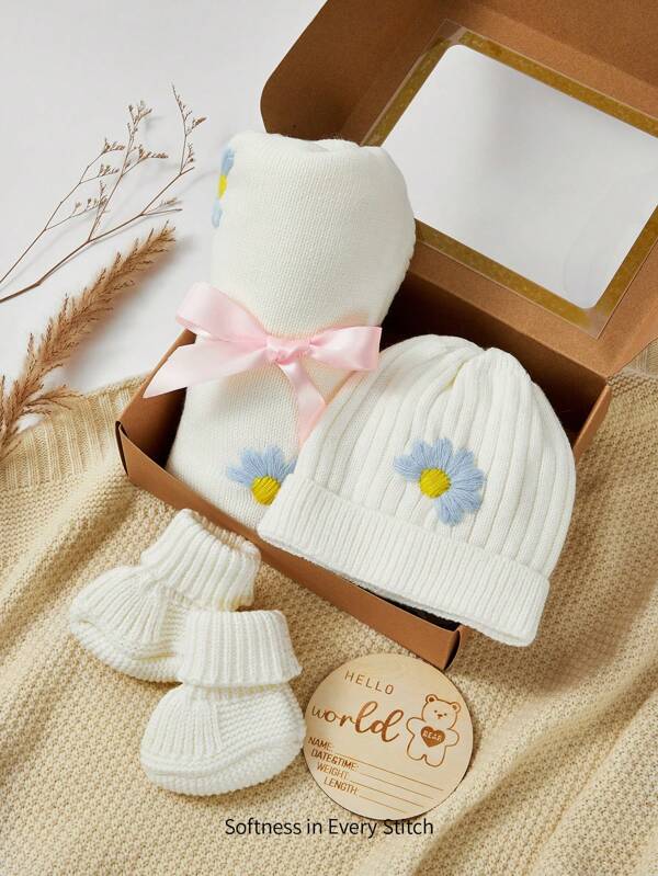 Cozy Pixies 4 bucăți/Set Set cadou de pătură pentru înfășat pentru sugari tricotată albastru (include pălărie, huse pentru picioare, pătură, farfurie cu amintire)
