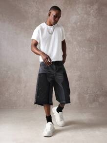 SUMWON Premium Contrast Panel Denim Shorts With Paint Splatter, Distressed Raw Hem, Contemporary Urban Streetwear Design For Summer Festival, Edgy Fashion Statement Piece