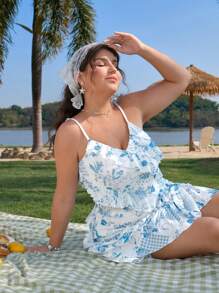 SHEIN MOD 蓝白印花弹力网布海藻吊带装饰加大码针织吊带背心，女士夏季、沙滩、节日必备 - 藍白色 - 查看 5