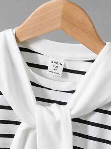 SHEIN 2 Pieces Set Young Boys Casual Sports College Artistic Style Retro Black And White Striped Round Neck T-Shirt And White Shorts Suit With Shawl Decoration Suitable For Young Boy Clothing Young Boy Clothes Back To School Boy Suit Suitable For Birthday Parties, Evening Parties, Performances, Weddings, Baptisms, Opening Ceremonies, Daily Suitable For School Suitable For Travel Suitable For Vacation Suitable For Spring And Summer - Black and White - View 4