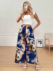 SHEIN Clasi Pantalones anchos y holgados de estampado de plantas tropicales para mujer, adecuados para vacaciones