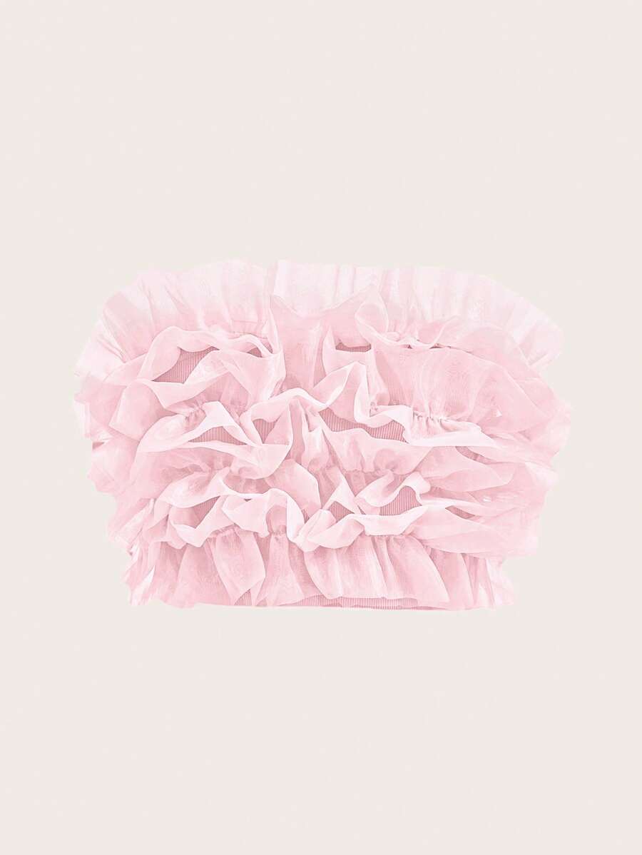 Zanirela Ruffle Trim Mesh Overlay Top Cute Funny Shirts  Elegant Fashionable Style For Summer Spring Fall Autumn - Pink - View 1