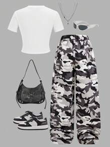 SHEIN ChillGRL Tween Girl Oversized Loose Pink Camo Pattern Cargo Pants And Short Sleeve T-Shirt 2 Pieces Set - White - View 2