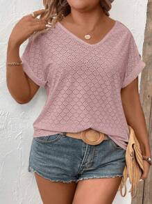 SHEIN LUNE 女式休闲 V 领短袖翻边袖口撞色纽扣大码 T 恤，春夏 - 粉色 - 查看 4