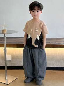 DAZY Camiseta de manga corta con cuello redondo, estampada, de punto para niño, de verano - Albaricoque - Ver 8