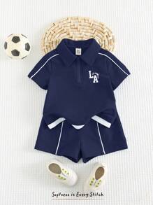 Cozy Pixies 2pcs/Set Baby Boy Color Block Polo Collar Short Sleeve Top And Elastic Waist Shorts Set