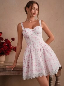 SHEIN Unity Robe de fête élégante, vacances, party, ajustée, avec garniture en dentelle rose, évidée et brodée pour les femmes - Rose bonbon - Voir 6