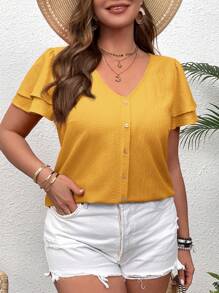 SHEIN VCAY 大码 V 领层叠荷叶边袖度假衬衫 - 黃色 - 查看 3