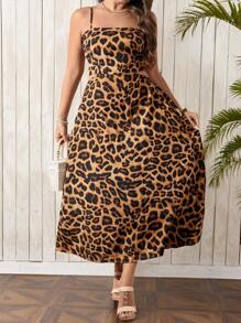 Breezaya Plus Size Women's Leopard Print Spaghetti Strap Hollow-Out Waist Slit Dress, Vacation Beach Outfit