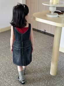 DAZY 小女孩无袖牛仔背带裙，夏季，背面上衣学校 - 藍色 - 查看 7