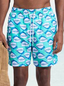 Surfspeed Men's Ocean Life Print Drawstring Waist Beach Shorts - Blue - View 5