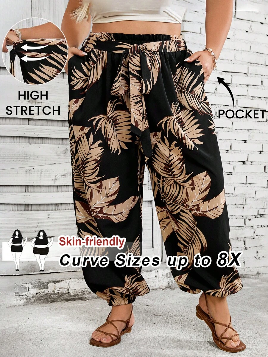 SHEIN CURVE+ Plus Size Women's Summer Tropical Print Paper Bag Waist Carrot Sports Jogger Pants, Beach Boho Vacation - Multicolor - View 1
