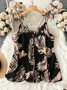 SHEIN VCAY Women's Boho Woven Fabric Regular Length Plus Size Tank Top With Crisscross Straps And Tropical Leaf Print - Multicolor - View 2