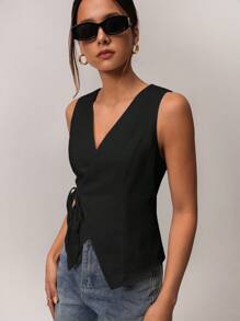 SHEIN Forever 21 Parte superior tipo camiseta de tirantes informal con nudo delantero de unicolor para mujer, para el verano