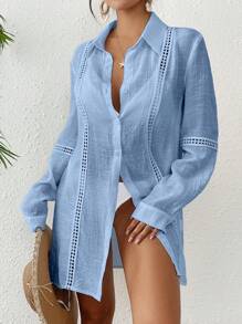 Swim Vcay Women's Solid Color Long Sleeve Single-Breasted Casual Cover Up Kimono Cover-Up