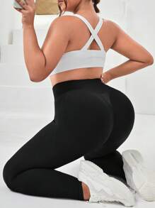 Easithlete 女式加大码纯色收腹运动紧身裤瑜伽裤 - 黑色 - 查看 5