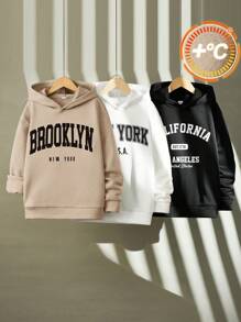 SHEIN Leap Crew 3 piezas Sudaderas informales con gráfico de letra para niño preadolescente, apropiadas para ir y venir, escuela, uso diario casual, vacaciones, deporte, temporada de otoño/invierno, ropa de otoño - Caqui - Ver 2